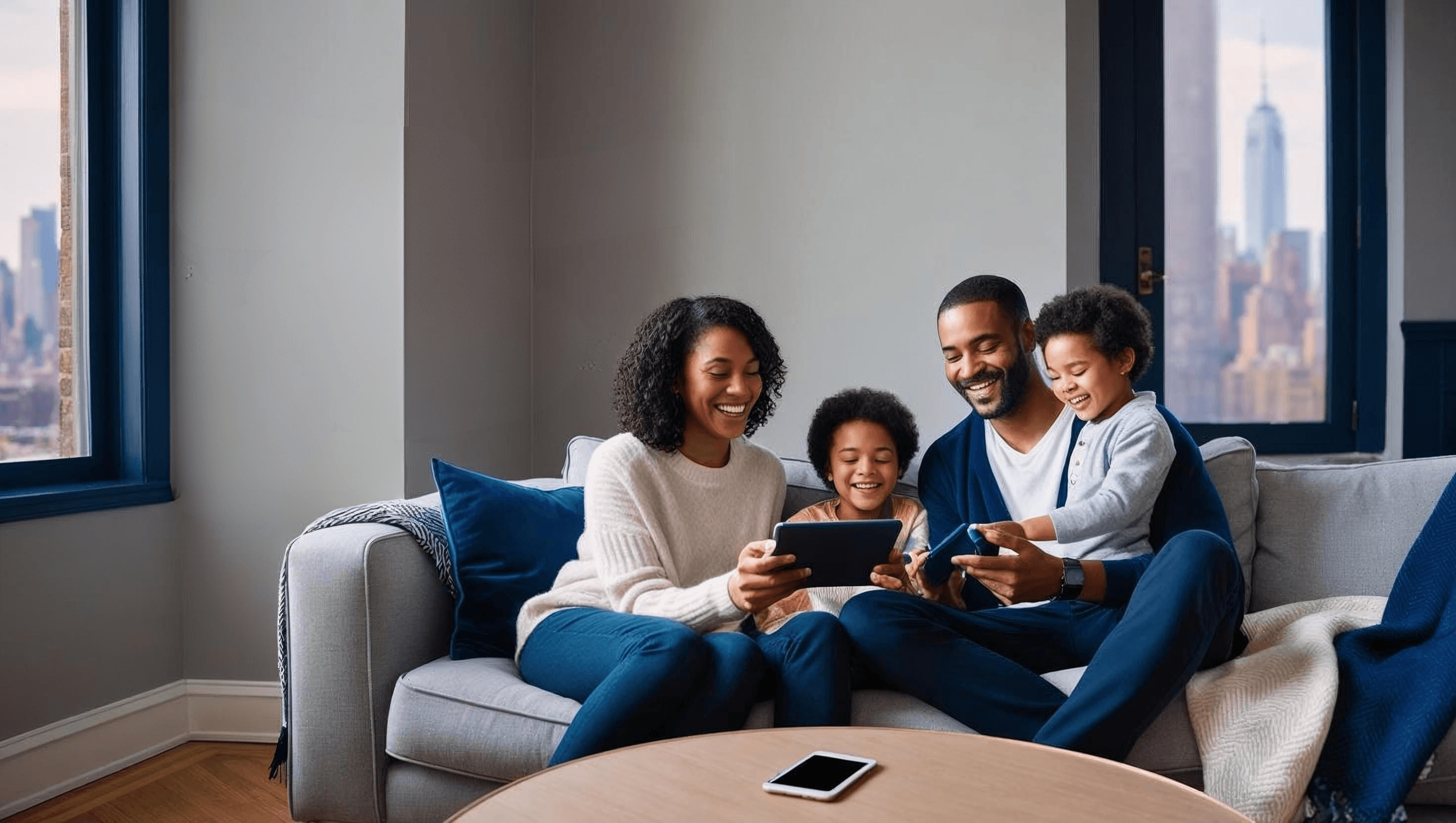 Family enjoying fast internet at home